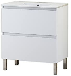 Baikal Conjunto Mueble de Baño con Lavabo, Mueble con Patas, en Varios Acabados, Melamina 16, Sin Espejo. Puerta + Cajón 80 cm Blanco, 280034892, 80 X 46 X 82 cm