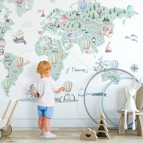 INSPIO Karte Tiere Heißluftballons Zug Flugzeuge Schiffe Wandtattoo Wandsticker WeltKarte für Kinder Wandaufkleber Wanddeko für Jungenzimmer Kinderzimmer Mädchenzimmer