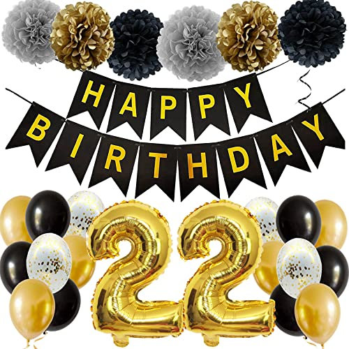 Feelairy Ballons 22. Geburtstag Deko Mädchen, Schwarz Gold Geburtstagsdeko 22 Jahre Junge, Happy Birthday Deko Konfetti Luftballons Deko 22 Geburtstag Mädchen Junge 22 Geburtstag Deko Kinder