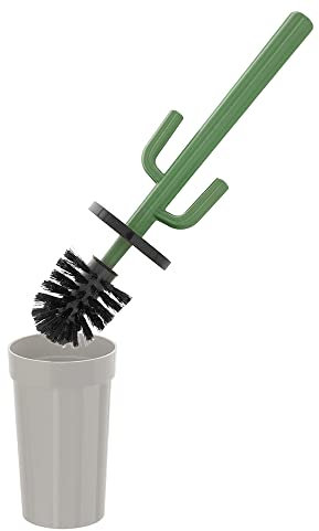 Inbagno Scopino per WC Cactus, Colore Grigio, da appoggio in plastica con ciuffo in setole Nere, Completo di portascopino
