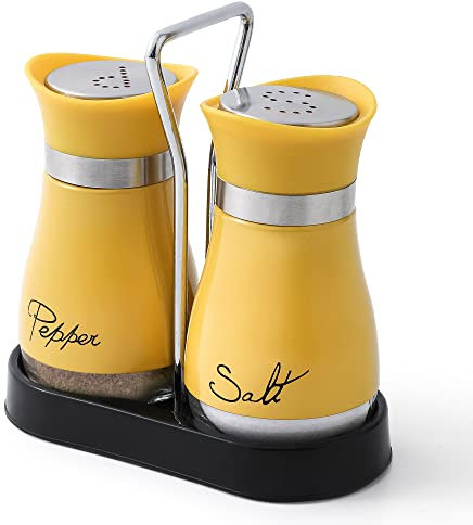 Salt and Pepper Shakers Set, Stainless Steel with Glass Bottle for Table, RV, Camp, BBQ, Set of 2, Pepper Pots, Salt Shakers, Yellow