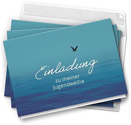10 Jugendweihe Einladungskarten - Motiv Vogel fliegt über Meer - moderne Einladungen Klappkarten mit Umschlägen