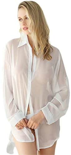 Chemisier de lingerie pour femme, style petit ami, chemise blanche boutonnée, haut transparent en mousseline de soie, Noir , L