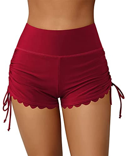 Short de Bain Femme Bas de Maillot de Bain Shorty Taille Haute Culotte Boxer à Cordon pour Plage Piscine Natation Sport (Bordeaux, M)