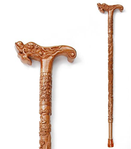 ZNEL Gehstock Aus Holz Krücken Handgefertigt Spazierstock Ergonomischer Griff Geschnitzter Drachenkopf Einteiliger Gehhilfe Holzstock Für Damen Und Herren
