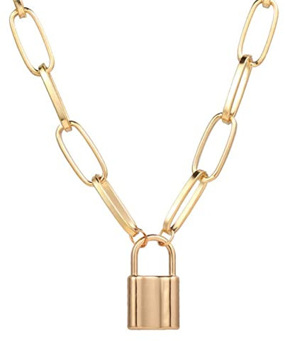 CHOUBAGUAI Punk-Halskette mit Schloss, Schlüsselanhänger, geschichtete Kette am Hals mit Schloss, Punk-Schmuck, Schlüssel, Vorhängeschloss, Anhänger, Halskette für Frauen, Geschenk - Gold