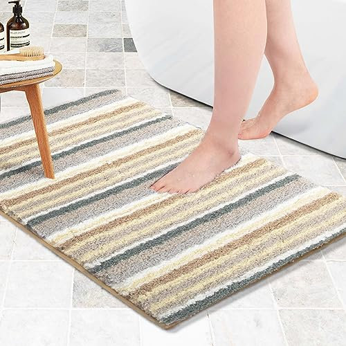 Carvapet rutschfest Badematte Badezimmerteppich Wasserabsorbierend Badvorleger Gestreifte Weiche Plüsch Mikrofaser Badteppich(61x91cm,Gelb)