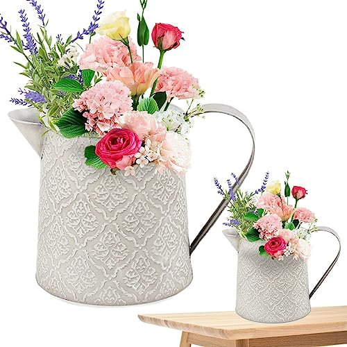 Jarrón De Flores De Metal Rústico, Jarrón De Jarras De Granja Vintage Blanca Elegante, Jarrón De Flores De Jarra De Leche Galvanizada para Decoración del Hogar