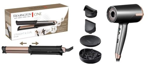Remington Haarstyling Set ONE: Glätteisen & Lockenstab [2in1 Multistyler] S6077 + Haartrockner Ionen [120 km/h Luftstrom für schnelles Trocknen] D6077