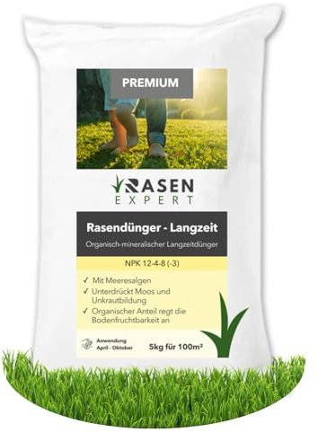 Premium Langzeitdünger Fläche 200m² - 10 kg Rasendünger - NPK Dünger mit Meeresalgen - Frühjahr bis Herbst - staubarmes Granulat geeignet für Streuwagen - fördert Bodenfruchtbarkeit