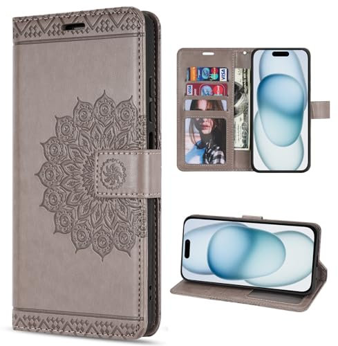 Hülle Kompatibel mit Apple iPhone 15 | Klapphülle Schutzhülle mit Kartenfächer Kompatibel für iPhone 15 | Magnetverschluss Flip Case | Grau