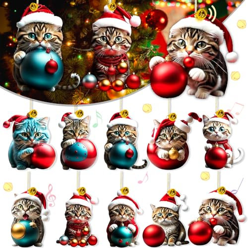 Weihnachtsbaum Katzen Anhänger,10 Stück Weihnachtsbaumschmuck Katze,Weihnachtsbaumschmuck 2D Acryl Weihnachten Katze,Weihnachtskugeln Katze,Christbaumschmuck Katzen Set,Weihnachten Katzen Anhänger