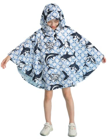 Freesmily Kinder Netter Regenmantel Wasserdichter Regen Poncho Jacke Mantel für Mädchen Jungen Kind (Schwarze Haie, M)