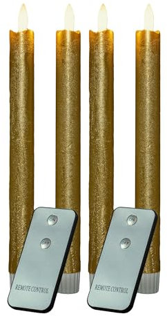 Stabkerzen LED mit Timer GOLD 4 Stück GOLD indoor - 6 Stunden - ECHTWACHS 23cm Höhe für Kerzen 2,2cm Durchmesser 2 AAA Batterien notwendig LED Stabkerzen flackernde Flamme bewegliche Flamme Licht