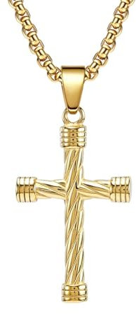 Mesnt Ketten Für Männer Kreuz, Verdrehter runder Kreuz Anhänger Halskette aus Edelstahl für Herren Gold