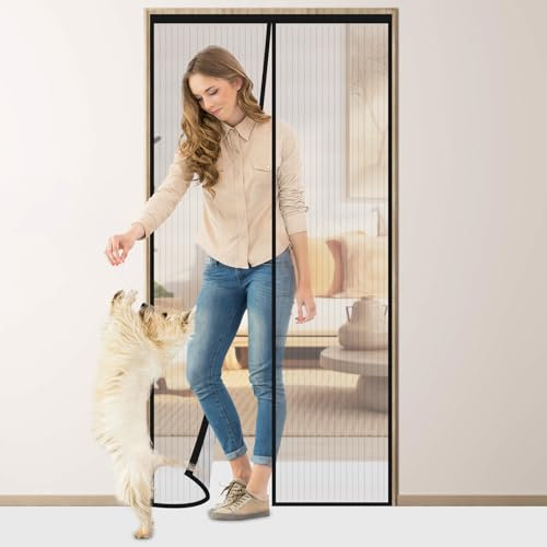Flintronic Magnetic Fly Screen Door, 90x220cm Heavy Duty Mesh Curtain with Repair Subsidy, Fly Screens Doors Nets Patio Curtain Insect Mesh with Powerful Magnets & Full Frame Magic Tape, Black