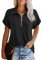 Tshirt Damen Sommer Locker Schwarz Bluse Kurzarm Elegant Sommershirts Leicht und Luftig Lässig Business Bügelfrei Shirt Arbeit Outfit Kleidung Büro Oberteile Poloshirt, L