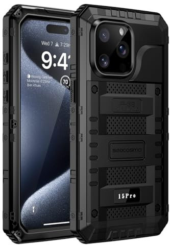seacosmo for iPhone 15 Pro Case 6.1 Inch, IP68 Waterproof Shockproof Tough Armour Heavy Duty Metal Cover with Built-in Screen Protector, Full Body Sealed Protective Case for iPhone 15 Pro - Black