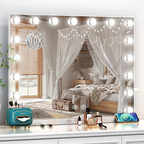 Dradaomull Schminkspiegel mit Beleuchtung, Hollywood Spiegel mit 17 Lampen, 3 Lichtfarben, Kosmetikspiegel mit USB und 10x-Lupe, Wandspiegel, Tischspiegel für Make up Spiegel (80x60cm)