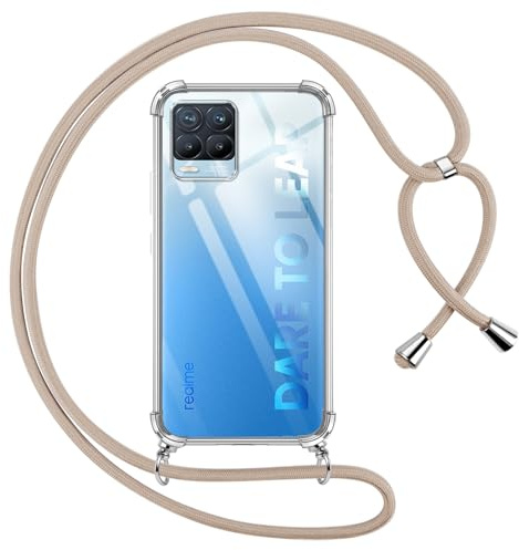 Pnakqil Funda para Realme 8/8 Pro 4G con Cuerda, Carcasa Transparente Silicona Colgar Collar Correa de Cuello Cadena para Realme 8 Pro 4G Fundas, Cordón Ajustable [Caqui]