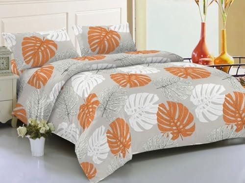 HaraDeco Juego de Sábana de 4 Piezas para Cama 135, Confeccionada 100% Poliester Microfibra, Bajera Ajustable, 2 Fundas Almohada y Sábana Encimera(Cama 135x190/200cm, Hoja Palma Naranja 4pcs)