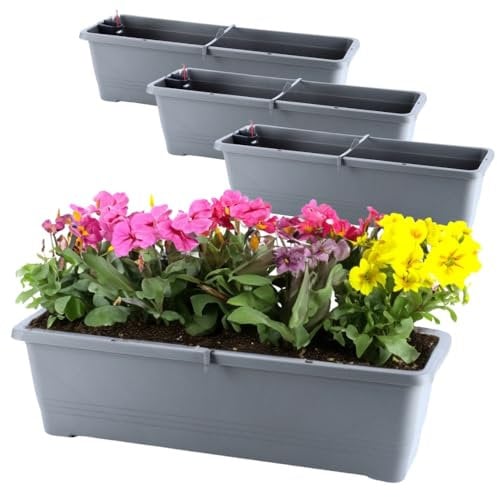 GarPet 4X Blumenkasten mit Wasserspeicher Blumenkasten Fensterbank Pflanzkasten Outdoor Wasserstandsanzeiger Gießschacht Bewässerungsband 50 cm Anthrazit