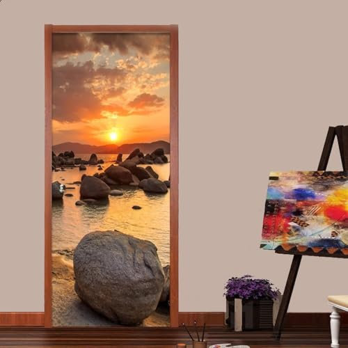 Stickers Porte Trompe L'oeil Paysage de Bord de Mer Poster Pour Porte Paysage Papier Peint Autocollant Porte Chambre Décoration Auto Adhésif Imperméable Sticker Porte 90x200 cm 6776A