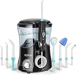 Apiker Munddusche Elektrisch für Zanreinigung Zahnzwischenraumreiniger Professioneller Wasser flosser mit Stufenloser Wasserdruckeinstellung 600ml Wassertank 8 verschiedene Funktionsdüsen - Schwarz