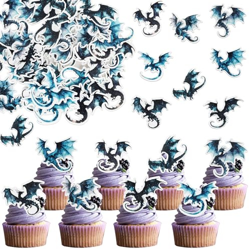 48 Stück Essbare Drache Tortendeko Waffelpapier Fantasie Cool Dragon Party Cupcake Toppers Essbare Dinosure Kuchen Deko für Drachen Thema Baby Dusche Geburtstag Party Kuchen Dekorationen