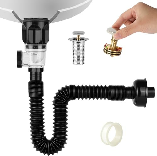 HOTUT Scarico Lavandino Bagno Flessibile, 1 1/4 Tubo Lavandino Bagno, Tubo di Scarico Sostituibili, Guarnizione Dell'odore Per Lavabo, Allungabile da 420-935 mm, Adatto per Tubi da 40-50 mm (Nero)