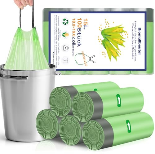Dntorx 100 Stück Müllbeutel mit Zugband 15L, 48 x 50 cm Reißfest Müllsäcke Kleine Mülltüten Auslaufsicher Abfallbeutel für Büro Zuhause Küche Lebensmittelabfälle