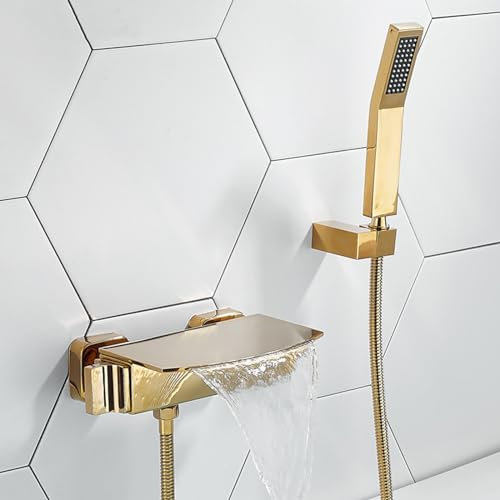 Rubinetto miscelatore da bagno a parete con set doccia dorato