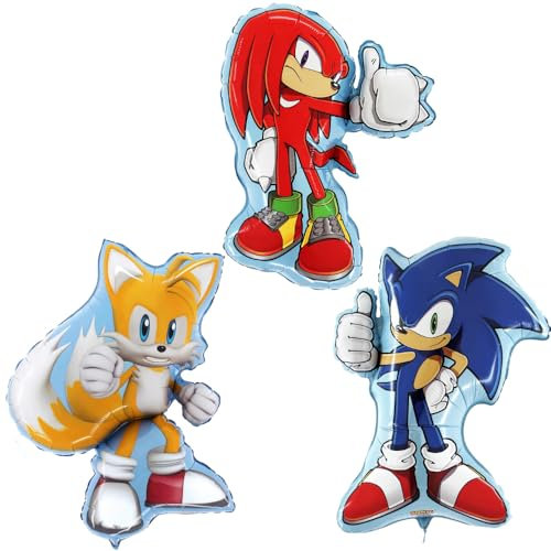 Toyland® Folienballon-Set, Sonic & Friends, 1 x 74 cm Sonic, 1 x 84 cm Schwanz und 1 x 66 cm knöchelförmige Folienballons, 3 Stück