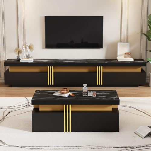 Mur TV Combinaison Table Basse + Meuble TV Combinaison de Meuble TV Combinaison Murale Salon avec 2 tiroirs pour Salon Salle à Manger Noir Ensemble de 2 pièces