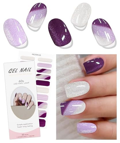 JMEOWIO Gel Nail Stickers Purple White Glitter French Tip Semi Cured Gel Nail Strips Wraps UV/LED Nails Art Design Decoration Accessories