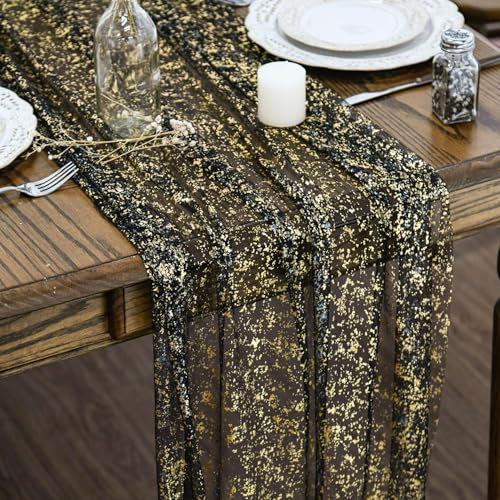Artoid Mode Gaze Tüll Glitter Folie Schwarz Gold 3 Stück Tischläufer 70x300 cm, Küche Tisch Dekoration Drinnen Urlaub Party Geburtstag Dekor