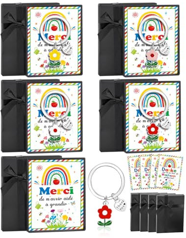 HOWAF Cadeau Maitresse d'école, Cadeau Maitre d'école, 4 Porte Clé Maitresse Porte Clé Maitre & Petite Carte Merci de m'avoir aidé à Grandir, Coffret Cadeau pour Cadeau Fin d'Année Maîtresse Maître