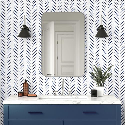 Blue Geometric Wallpaper,44.5 x 1000 cm Geometric Peel and Stick Wall paper Stripe Wallpaper Blue and White Self Adhesive Wall paper Self Adhesive Furniture Wrap for Living Room, Bedroom,Bathroom