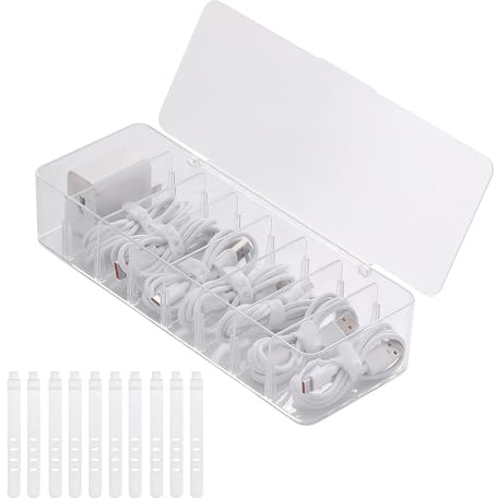 Kabelbox und Organizer für Ladegeräte, transparenter Kunststoff, abnehmbare Trennwände, Deckel, 10 Kabelbinder