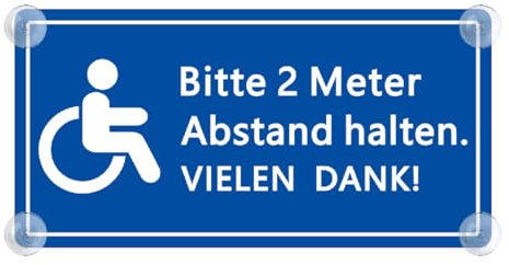 XL Rollstuhl Schild für Auto mit 4x Saugnapf 100x200mm - BITTE 2 METER ABSTAND HALTEN - Rollstuhlfahrer Saugnapfschild aus Acrylschild - Behindertenschild Autoschild Zubehör für Windschutzscheibe