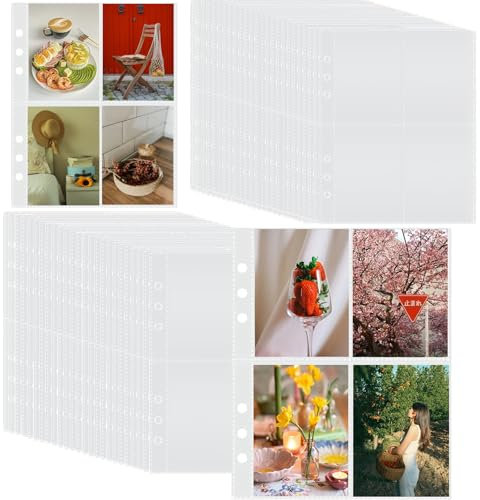 100 Piece 6 Ring A5 Binder Sleeves,Trading Card Binder 4 Pocket Sleeves,Photocard Binder Sheets,4 Compartments Photo Sleeves Double Sided 19.5×15.5cm for Storing Celebrity Cards, Photos, etc