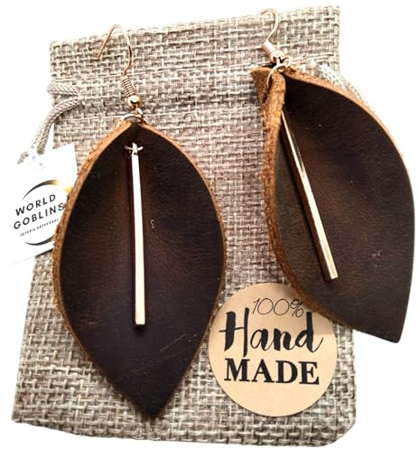 Pendientes de Cuero Mujer. Cuero con Forma de Hoja Hecho a Mano, Artesanales Inspirados en la Naturaleza, Hechos a Mano en Córdoba. España, Bohemio Original