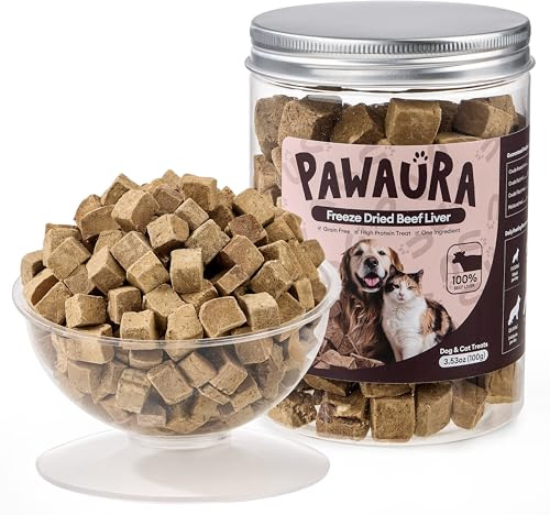 Pawaura Freeze-Dried Beef Liver Treats for Dogs & Cats, Single Ingredient, High-Protein, Grain-Free Natural Pet Snack, Resealable Tub, Ideal for Training or Meal Topper, 3.53oz