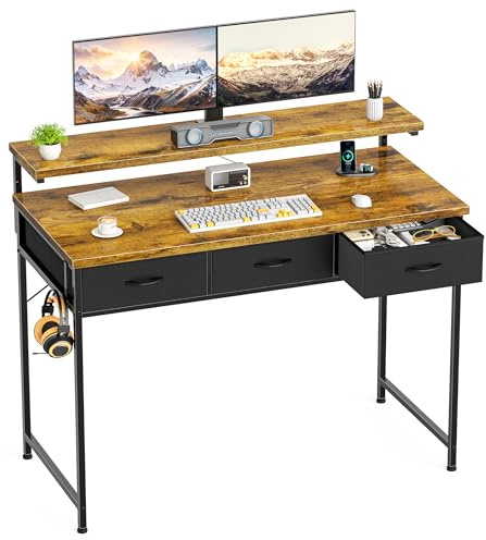 Computer Desk with Adjustable Monitor Stand, 3 Storage Drawers Vintage100cm | Gaming Desk , Home Table, Office Desk with Headphone Hook, Modern Style, for Workers, Gamers and Students