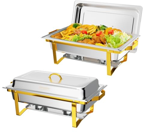 Bonnlo Chafing Dish Buffet Set, 2 Pack 9L Stainless Steel Warming Containers, Food Warmer Buffet Server for Dinner, Parties, Camping - Silver and Gold
