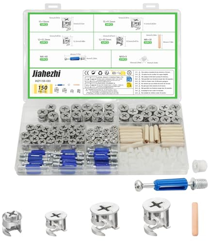 150 Pcs 3-in-1 Furniture Connector Hardware Set, Cabinet Locking Screws | Cam Lock Screws, Eccentric Cam Bolts and Dowel, Pre Inserted Nuts Furniture Hardware Fixing Screws for Wardrobes Cabinets