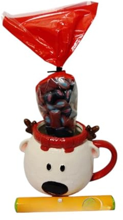 Divas World Festive Reindeer Ceramic Mug Gift Set with 225g Assorted Fusion Strawberry and Bubblegum Sweets Cute Christmas Mug for Hot Drinks Gifting Stocking Fillers Winter Treats