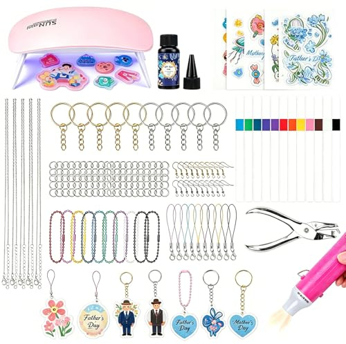 JelyArt 182 Stück Schrumpffolien Set Schrumpfplastik Set mit 20 Blatt Schrumpffolien, Heißluftpistole, UV-Harz, UV-Lampe & Schlüsselanhänger-Zubehör Vatertagsgeschenk für Papa