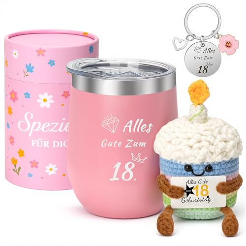 18. Geburtstag Mädchen, Geschenk zum 18. Geburtstag – Stilvolles Geburtstagsgeschenk Set mit 12oz Thermobecher,Geschenkbox,Schlüsselanhänger&Häkelkuchen–Geschenk für Frauen &Mädchen zum 18.Geburtstags
