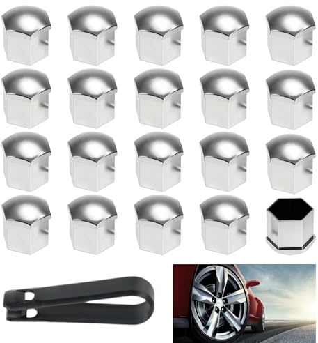 FinalCool 20 Pezzi 17mm Auto Tappo A Vite Ruota, Copridado Ruota, Esagonale Universale Copri Bulloni Copri Dado Ruota con Strumenti di Rimozione per Auto, Argento